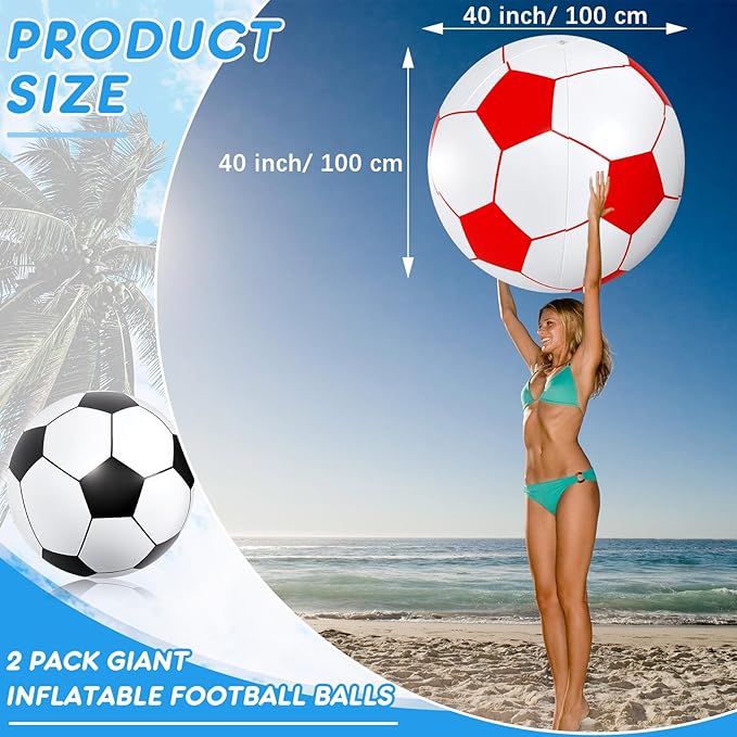 Lewtemi 2 Pcs 40 Inch Giant Inflatable Soccer Ball Large Huge Beach Balloons Oversized Football Sport Birthday Party Decoration Favor Gift Pool Supplies for Outdoor Piñata Activity