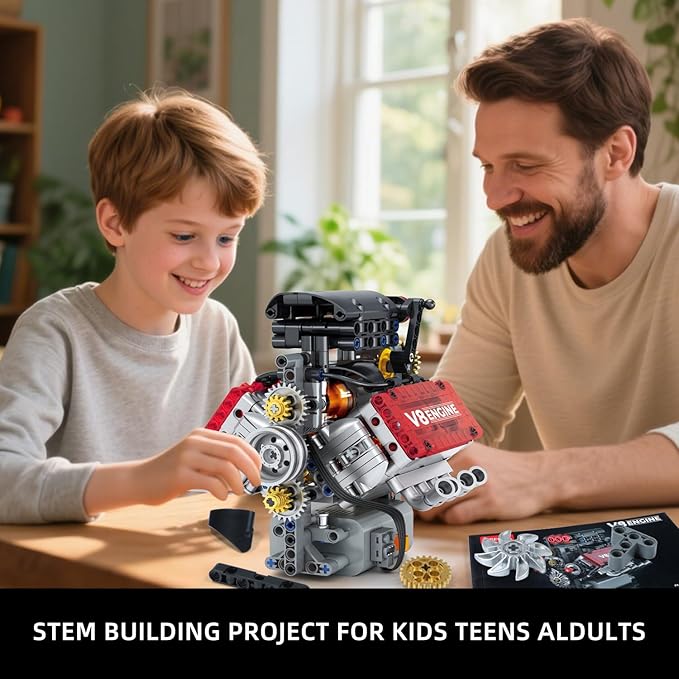 V8 Engine Building Set,V8 Engine Model kit that Run,Build Your Own STEM Mini V8 Model Engine Kit with Battery and Motor,8-Cylinder Car Engine Building Engineering Toys for Kids Adults(478PCS)