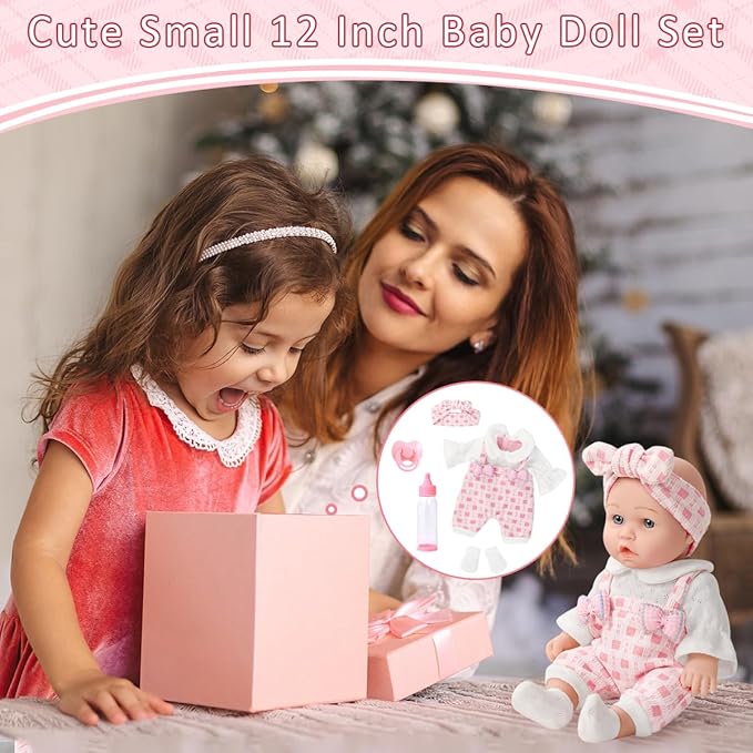 12" Girl Baby Doll Playset with Accessories and Clothes in Gift Box for Little Girls,12 Inch Small Realistic Baby Dolls Pacifier Bottle Pretend Baby Care Toy Set for Child Toddler 3+ Gift Collection