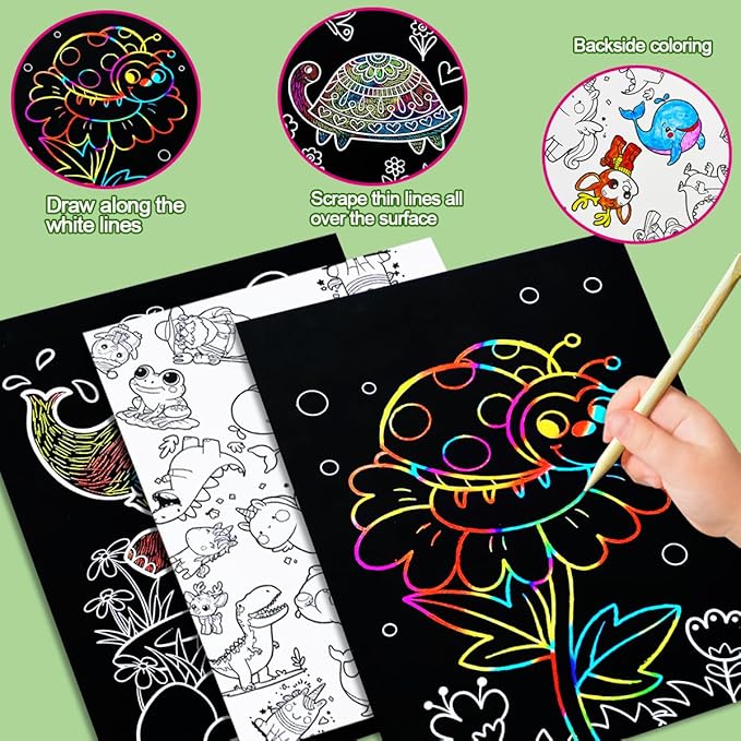 JUNQIU Scratch Art for Kids, Rainbow Scratch Paper Art Set - Animals, Arts and Crafts for Girls Boys Ages 4-8, Activity & Christmas Crafts, Stocking Stuffers for Kids