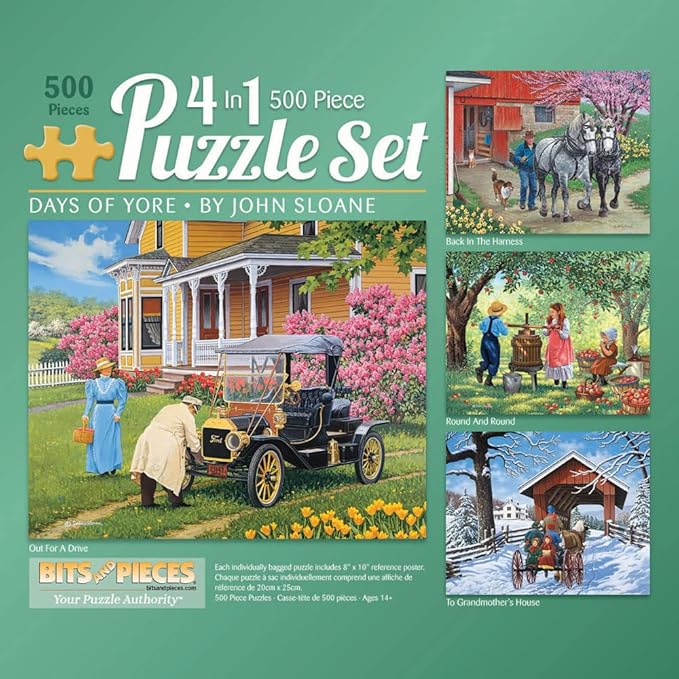 Bits and Pieces – 4-in-1 Multi-Pack 500 Piece Jigsaw Puzzles for Adults – Days of Yore by Artist John Sloane, Completed Puzzle Size: 16" x 20"