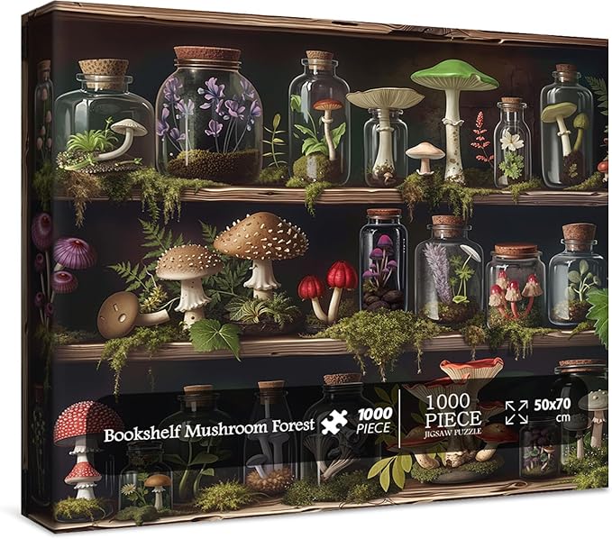 Bookshelf Mushroom Forest Puzzles for Adults 1000 Pieces. Colorful Nature Plant Jigsaw Puzzles. Challenging Family Art Puzzles