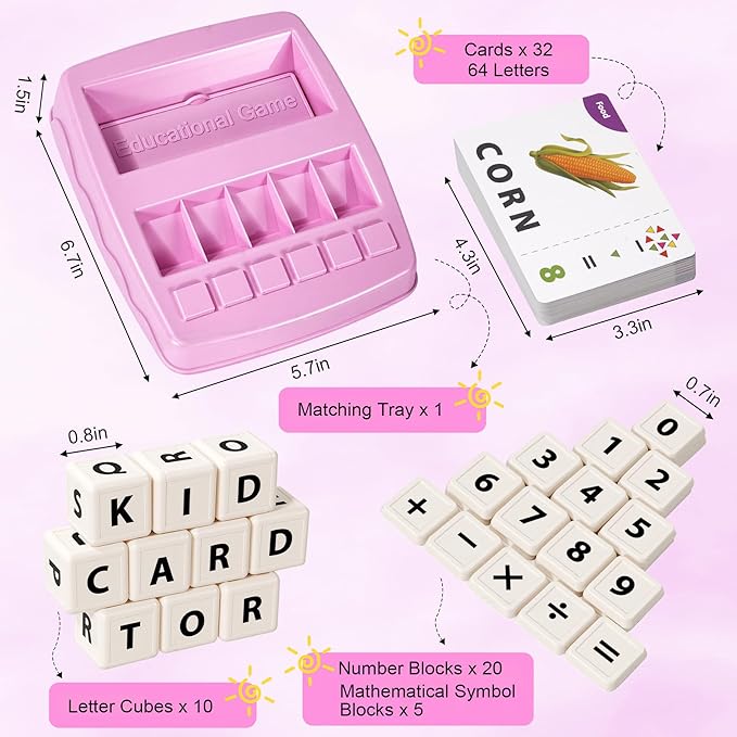 Educational & Learning Toys for Kids, 3-8 Years Old Matching Games with Letter & Math Flash Cards, Christmas Birthday Gifts for Preschool Boys Girls Grandkids- Pink
