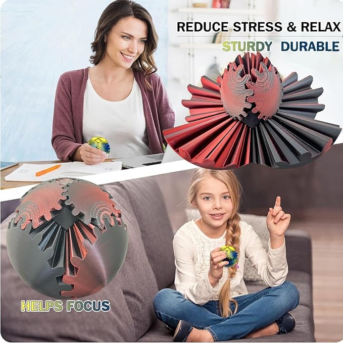 Gear Ball 3D Printed Spin Ball Cube Fidget Toys, Gear Sphere Fidget Toy, GearSphere Desk Toy Stress Fidget Balls, Fidgets Spinners for Adults & Kids Anxiety Relaxing (Laser Dark Red, 3.1 Inch)