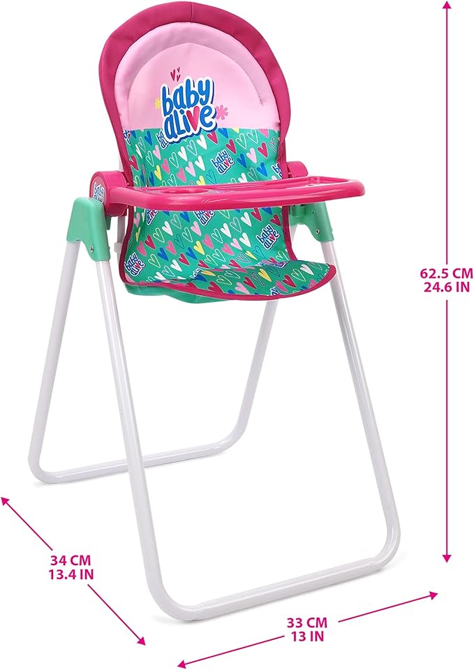 Baby Alive: Doll Highchair Set - Green, Pink, Hearts - for Dolls Up to 24", 5 Matching Feeding Accessories, Rotating Seat, Folding, Kids Toy Ages 3+