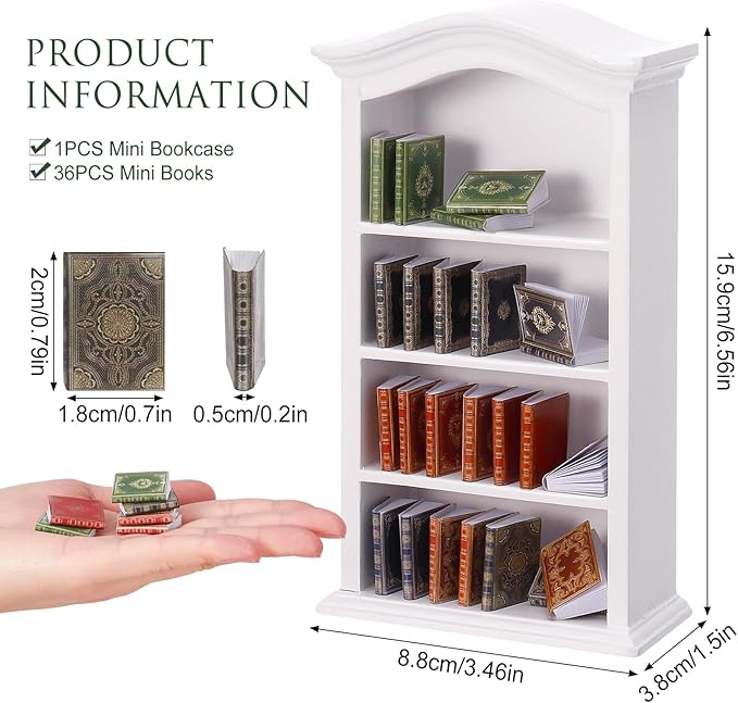 36 Pcs 1:12 Scale Miniatures Dollhouse Books and 1 White Wooden Bookcase,4 Floors Furniture Display Bookshelf Cabinet Mini Assorted Books,Dollhouse Decoration Accessories for Home Bedroom