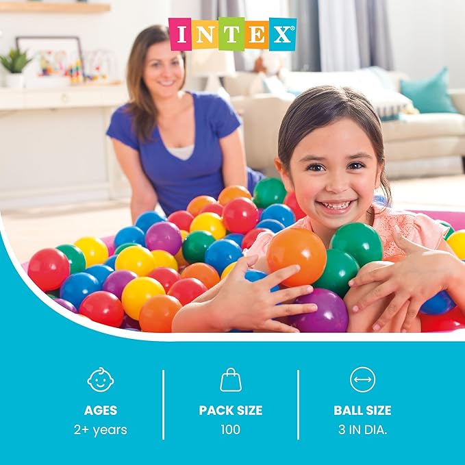 Intex Set of 100 Plastic Fun Balls for Ball Pits and Bounce Houses, Multi-Colored - 100-Count Soft Colorful Toddler-Safe Toys for Pool or Playpen