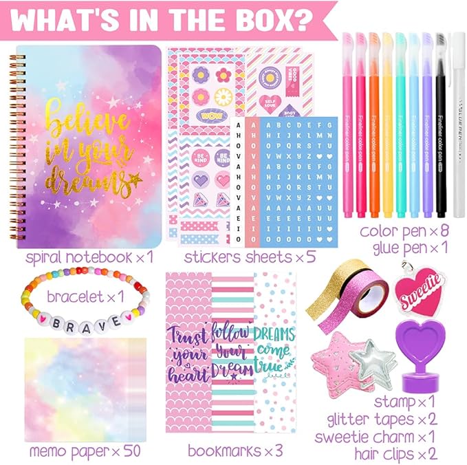 Nollh DIY Journal Kit for Girls - 26PCS Teen Tween Girl Gifts Trendy Stuff, Stocking Stuffers, Scrapbook Supplies Stationery Set, Art Crafts Kit - Ideal Gifts for 8 9 10 11 12 13 14 Year Old Girl