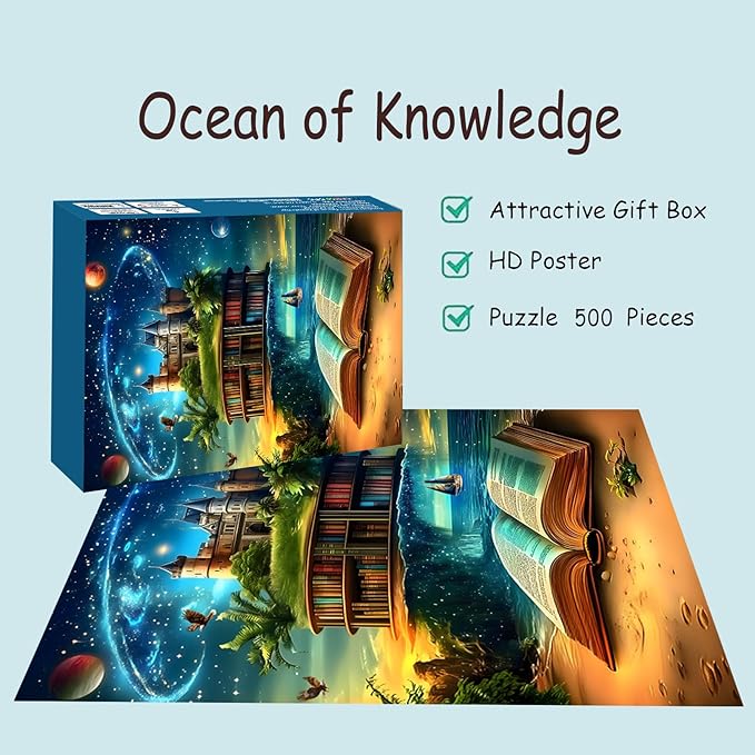 Puzzles for Adults 500 Pieces, Bookshelf Decor Jigsaw Puzzles - Ocean of Knowledge, Impossible Book Puzzle for Seniors Family, 14.96x20.47 inches, 1:1 Poster, Letter on The Back