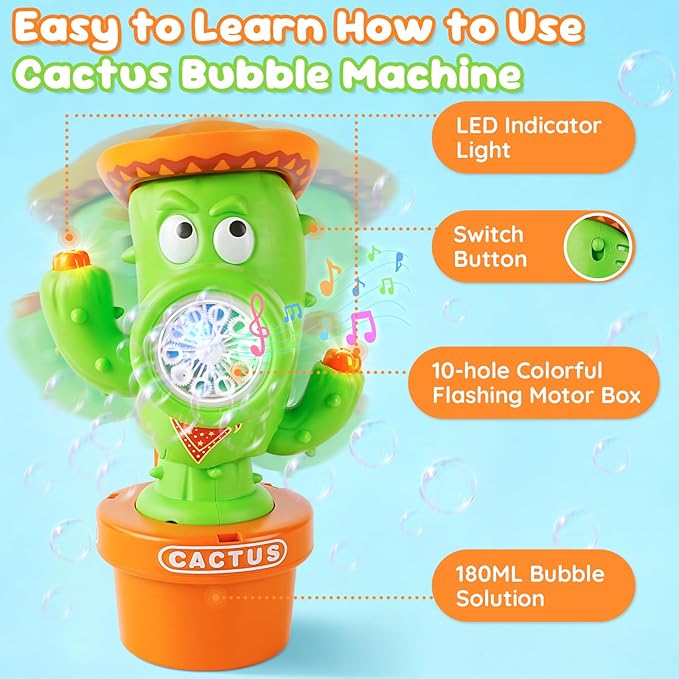Cactus Bubble Machine, Automatic Bubble Blower with Music & Wiggle Action, Portable Handheld Bubble Maker with Lights, Birthday Gifts for Toddlers, Party Favors Toys, Easter Basket Stuffers for Kids