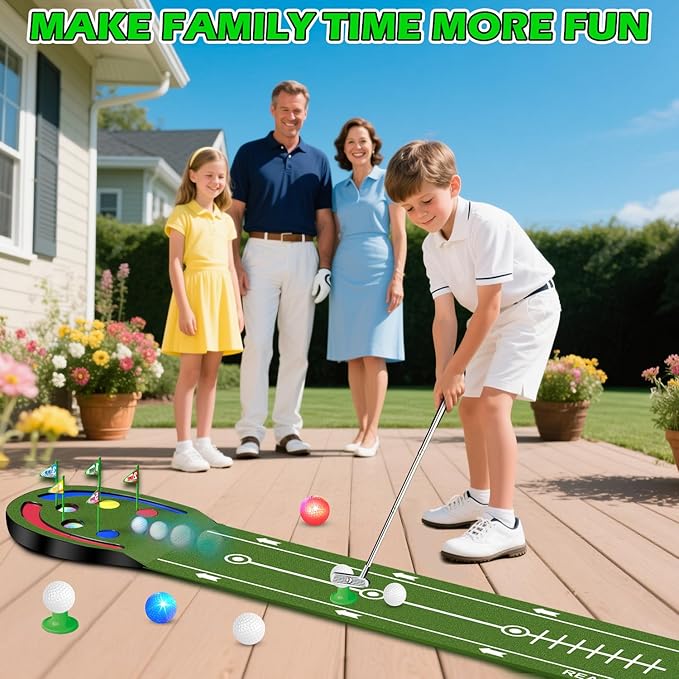 VATOS Golf Putting Mat Indoor for Kids - Golf Game Set with LED Balls, Glow Holes, Irons & Putters, Portable Putting Green Outdoor for Home Backyard Party, Golfs Toy Gifts for Kids 6-14