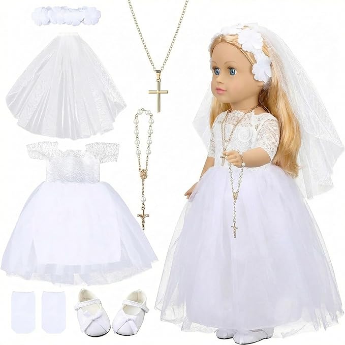 RoundFunny 7 Pcs 18 Inches American Doll Clothes Outfit First Communion Dress with Matching Headband Veil Bracelet Shoes Socks Necklaces Fit 18 Inches Dolls, Doll Not Included(Floral Headband)