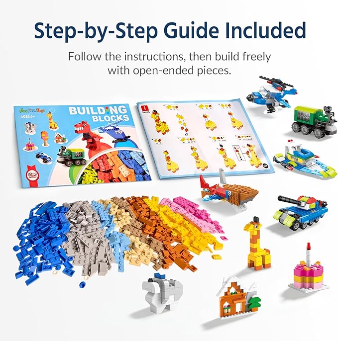 FUN LITTLE TOYS 1100 PCS Building Blocks for Kids 6-12, Creative Bulk Building Bricks Set for Open-Ended Play, 147 Shapes 17 Colors, Value Pack Compatible with Standard Baseplates