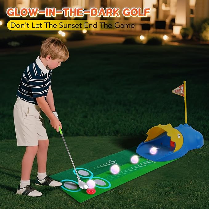 PINKPEACH Toddler Golf Set, 3-8 Kids Set with Automatic Ball Return, Mat, Glow Balls, Balls, 3 Clubs & Tees, Indoor & Outdoor Sports Game Toys for 3 4 5 6 7 8 Years Old Boys Girls
