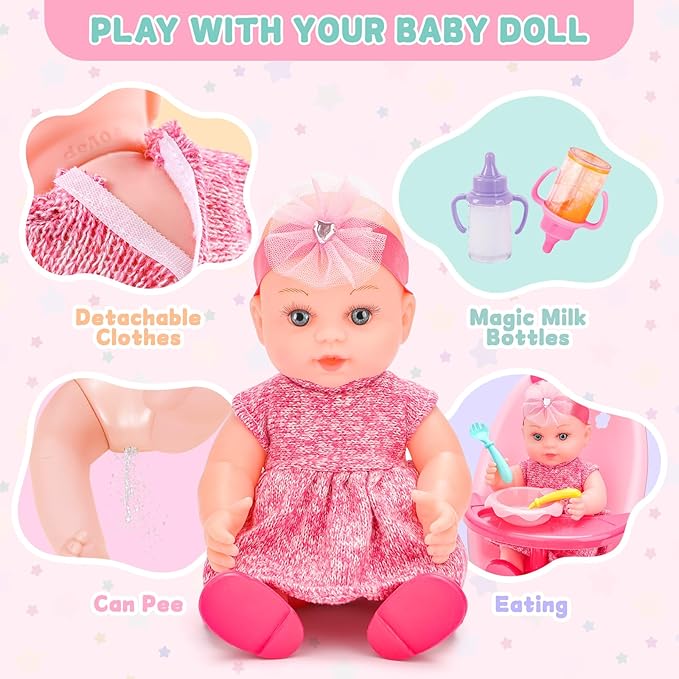 deAO Baby Doll Playset Baby Doll Crib Bed Set Adjustable 2 in 1 Baby High Chair and Rocking Bed, Baby Doll Accessories with 13 Inch Dolls, Feeding Pretend Play Toy Gift for Toddler 3+ Years Old