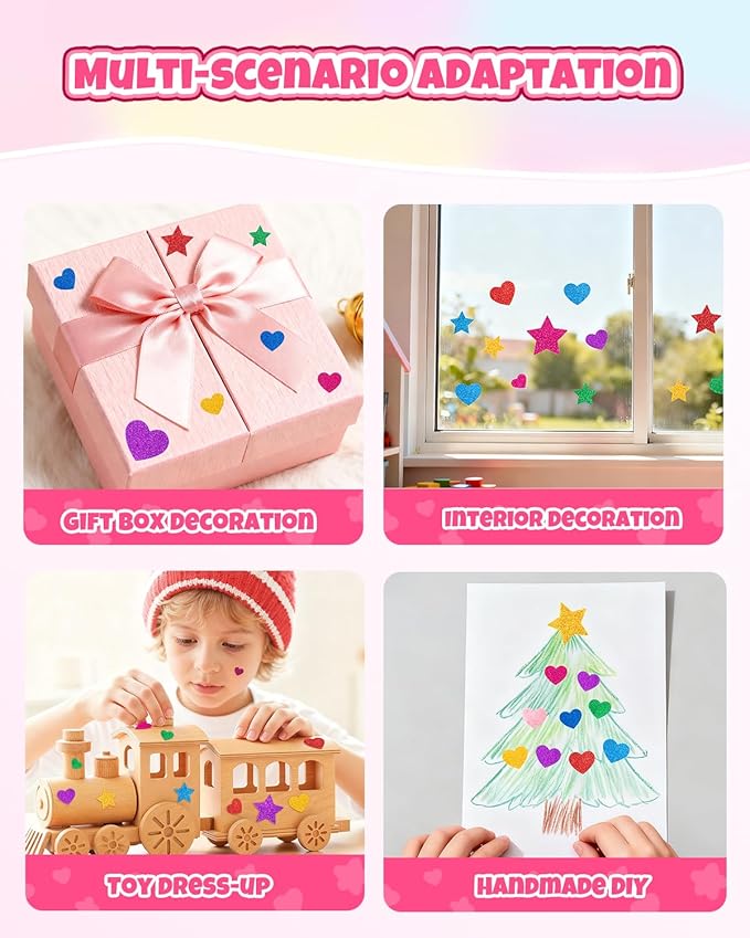 1024PCS Glitter Foam Stickers for Kids - Self-Adhesive Heart & Star Shapes, Sparkle Craft Stickers for DIY Greeting Cards, Scrapbooking, Home Decor, Envelopes & Children's Art Projects
