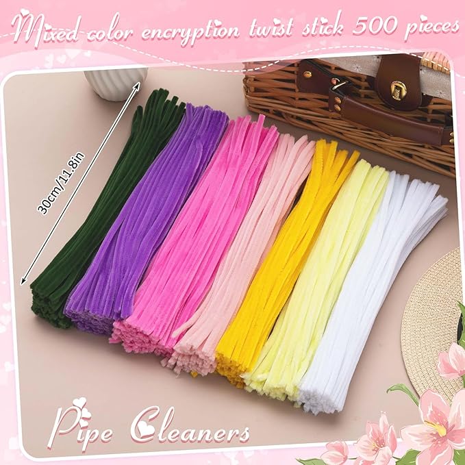 Peryiter 500 Pieces Pipe Cleaners Chenille Stems for Flowers Craft Supplies Bulk Fluffy Fuzzy Sticks for DIY Art Projects Creative Gift Wrapping Party Decorations(Colorful Flowers,12 Inch)