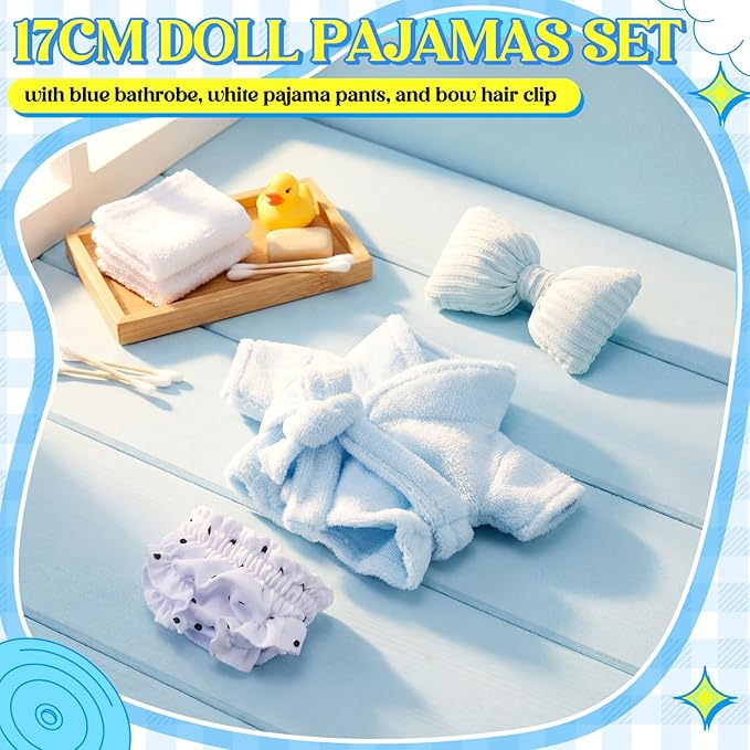 Simgoing 17cm Doll Clothes Pajamas Set with Pants Eye Mask Good Night Bedding Clothes Outfit Gifts Fits 17cm Dolls Accessories for DIY Dress up Lovers(Blue Bowknot)