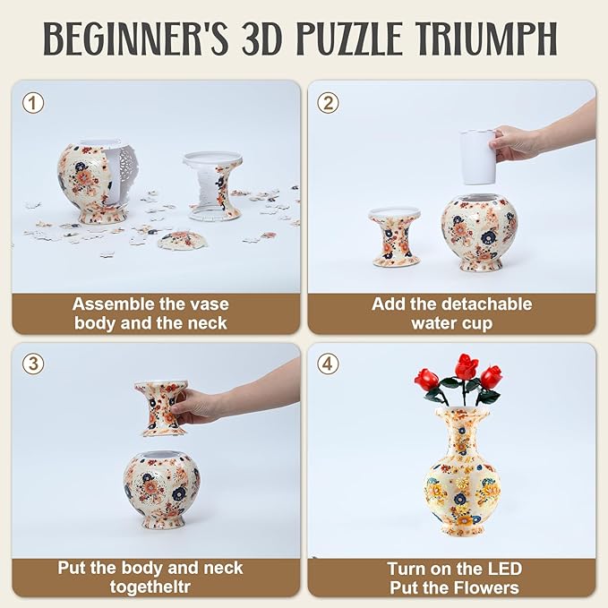 3D Puzzle Vase for Adults with LED Light, 200 Curved Pieces DIY Flower Vase Craft Kit, Creative Jigsaw Art Project Home Décor Centerpiece (C- Petaluxe Vase)