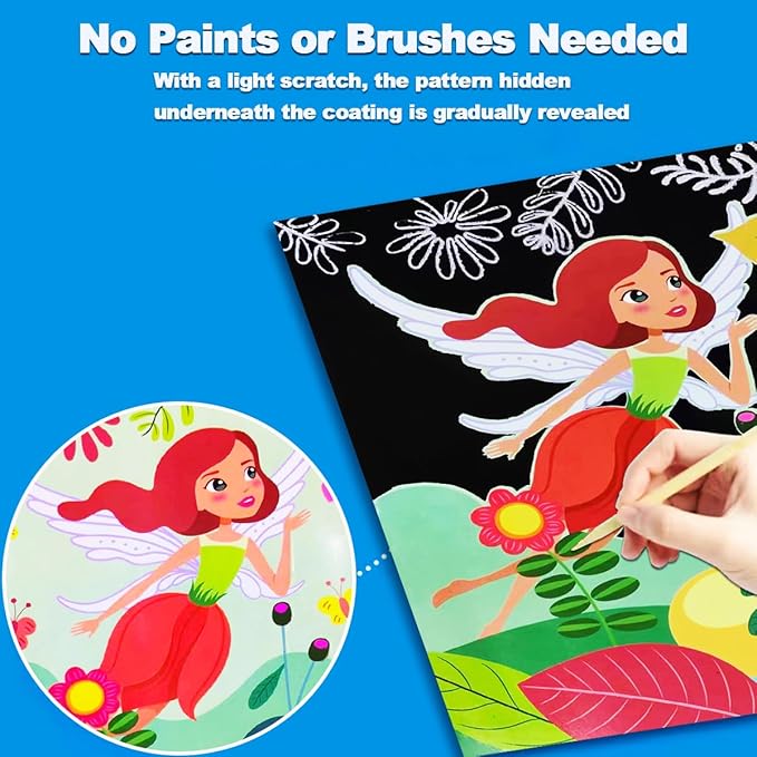 JUNQIU Scratch Art for Kids, Mermaid Black Rainbow Scratch Art Paper Set-Arts and Crafts Kits & Supplies, Mermaid Toys Gifts for Toddlers Girls Birthday Christmas