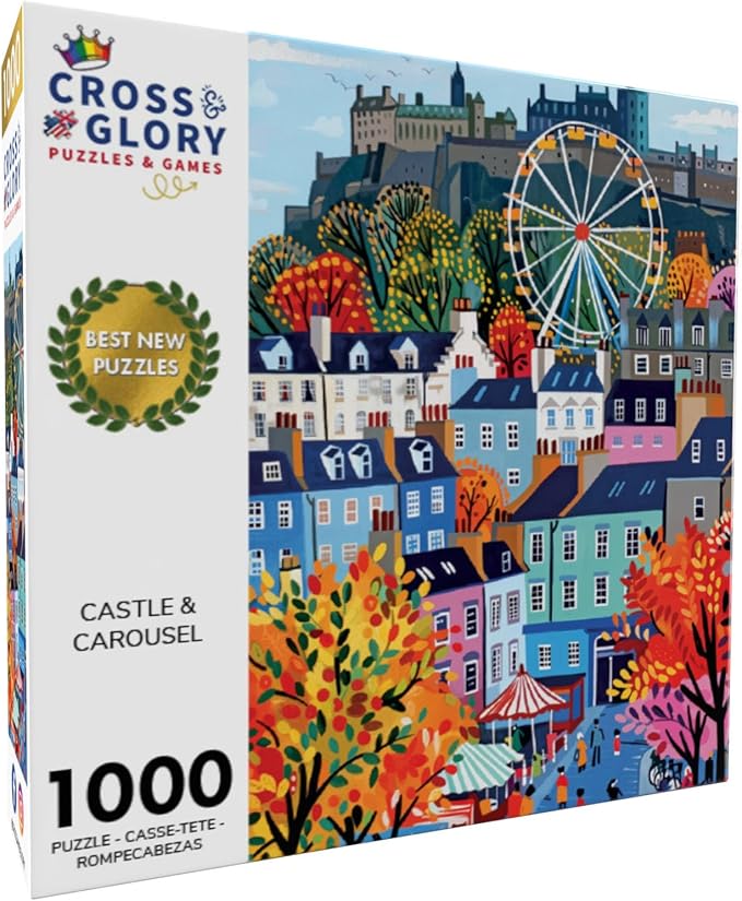 Cross & Glory – Castle & Carousel – 1000 Piece Jigsaw Puzzle for Adults | Colorful Edinburgh Folk Art Puzzle | Bright Scottish City Artwork | Premium Ribbon-Cut Puzzle with Satin Finish