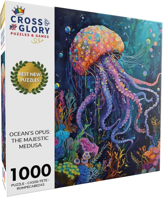 Cross & Glory - Ocean’s Opus: The Majestic Medusa - Jigsaw Puzzles 1000 Pieces for Adults | Marine Ocean Artwork Puzzle | Challenging Brain Teaser | Firework Jellyfish Design