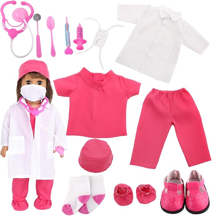 MSYO 18 Inch Doll Doctor Playset-Pretend Play Medical Kit with White Coat,Scrubs & Surgical Tools,Stem Roleplay Costume for Kids Ages 3-12,Fits Most 18 Inch Girl & Boy Dolls(Rosy)