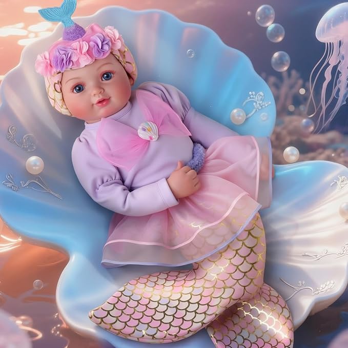 BABESIDE Mermaid Baby Doll - 17-Inch Realistic Soft Baby Dolls with Playful Mermaid Tail & Accessories Easy to Carry Mermaid Toys for 3+ 4 5 6 7 8 9 Years Girls Birthday Gift, Pretend Play & Christmas