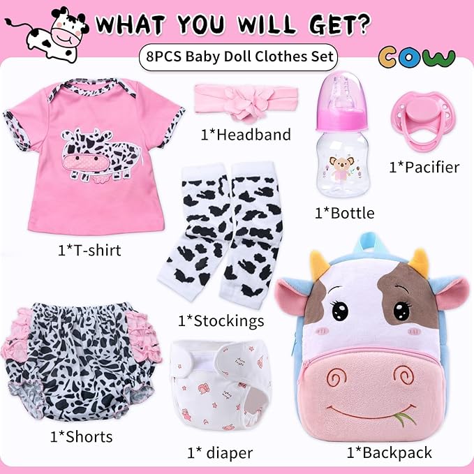 8 Pieces Reborn Baby Doll Clothes Pink Accessories Set with Backpack for 17-22 inch Reborn Doll Clothes Girl Kids Gift Set