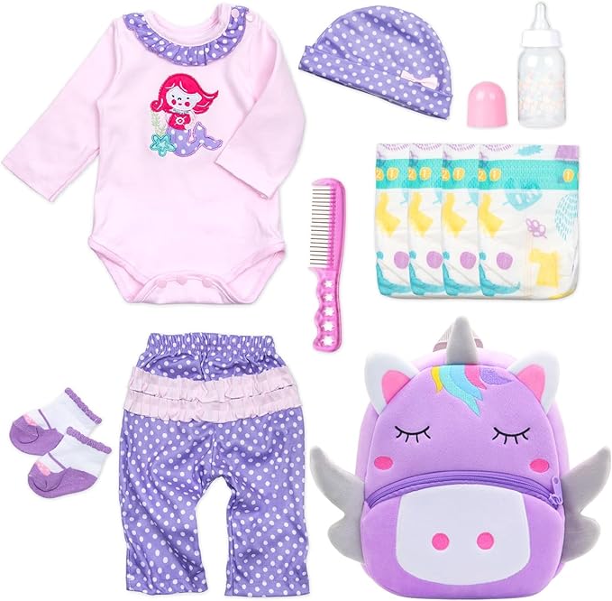 11 Pcs Set Reborn Baby Girl Doll Clothes Outfit Accessories Purple Mermaid Unicorn for 17-22 Inch Reborn Doll Newborn Girl