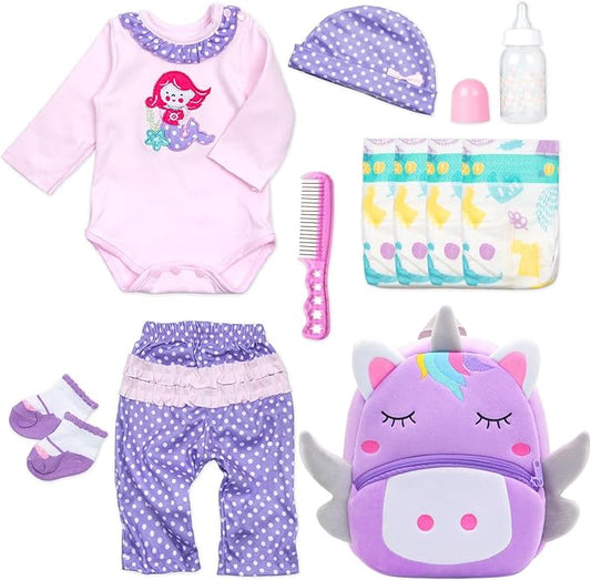 11 Pcs Set Reborn Baby Girl Doll Clothes Outfit Accessories Purple Mermaid Unicorn for 17-22 Inch Reborn Doll Newborn Girl