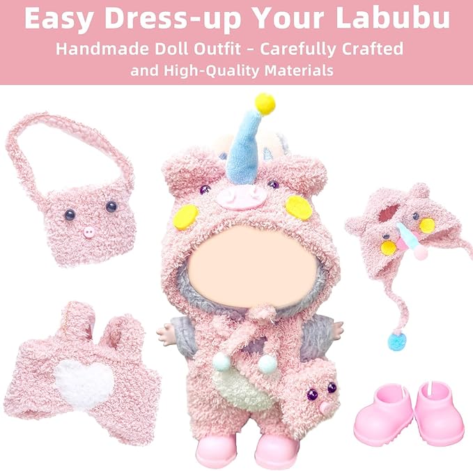 Clothes for Labubu 17cm Doll (NO Doll), 6 Piece Labubu Clothes Set, Cute Labubu Outfits with Accessories, Handmade Crochet La Bubu Doll Dress Up Set（Pink Elephant）