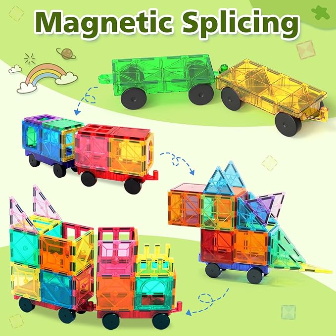 Magnetic Tiles Cars Construction Set, 4 PCS Magnet Cars Magnetic Building Blocks Toy for Kids Ages 4-8 3-5 Magnet Bricks Truck Kit Educational Sensory Toys Gifts for 3+ Year Old Boys & Girls Christmas