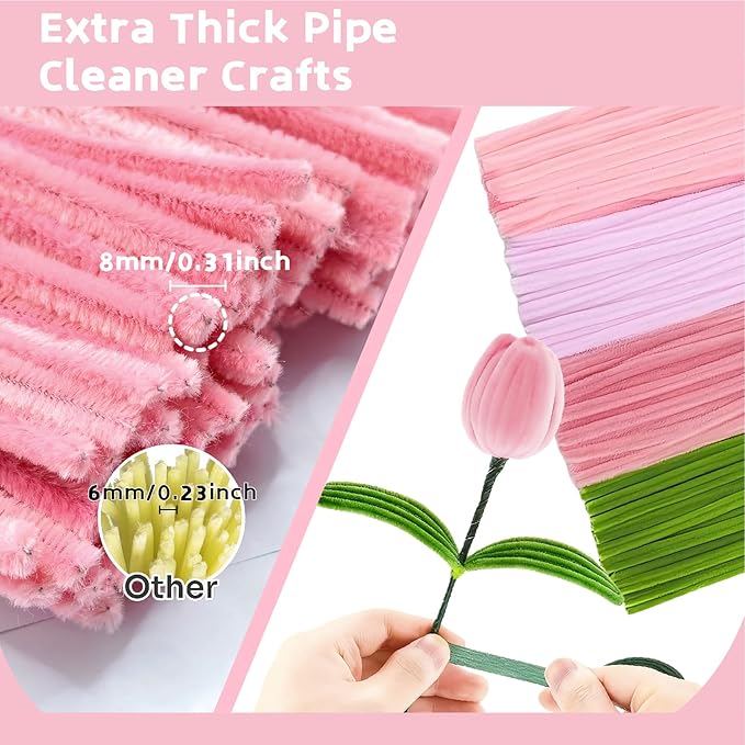 CllyCnny Pipe Cleaners Craft - 400 PCS Chenille Stems Flower DIY Kit Green Pink Pipecleaners Bulk with Stamens Floral Stems Tapes Ribbons Instructions for Tulip Bouquet Making Arts and Crafts Supplies