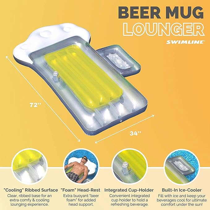 SWIMLINE Inflatable Swimming Pool Float Lounger Raft Mattress, Fun Mat, Beer Mug, Yellow