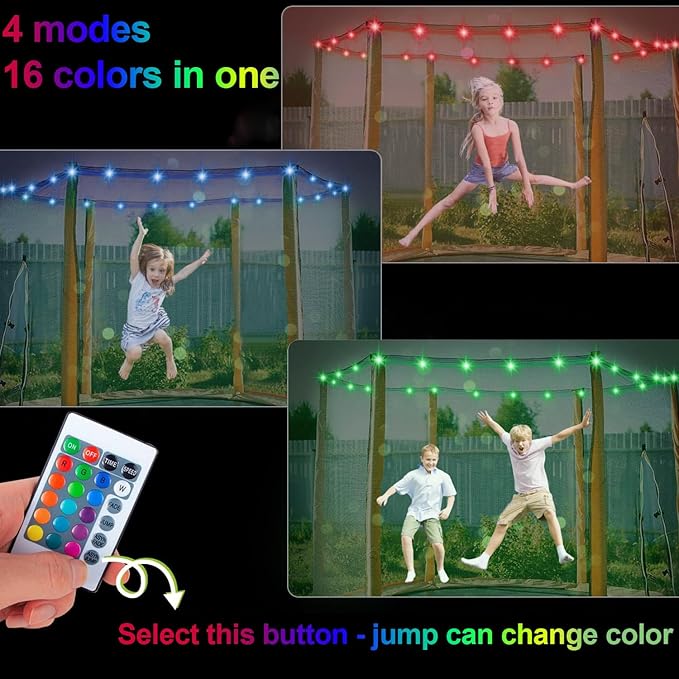Blinngo-Sport Trampoline Lights, Trampoline LED Lights for 16Ft 14Ft 12Ft 10Ft Trampoline, Jump Control 16 Color Change, Waterproof Battery Case Powered