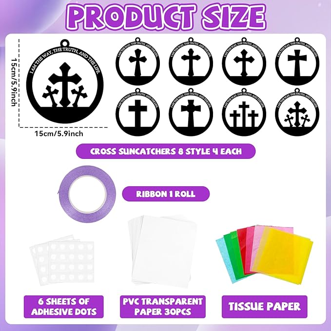 QOUBAI 32 Sets Easter Cross Suncatchers Craft Kit DIY Religious Window Stained Glass Effect Christian VBS Paper Hanging Ornament Kid Sunday School Birthday Gift Creative Art Project Activity Game