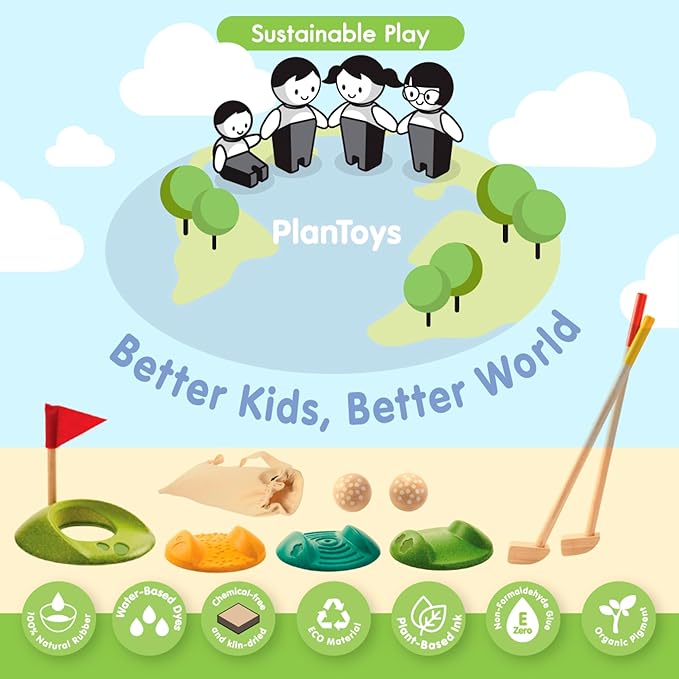 PlanToys® Mini Golf Set for Kids | Eco-Friendly Wooden Golf Game with 2 Putters, 2 Golf Balls, 3 Obstacles, Target Goal & Travel Bag | Perfect for Indoor & Outdoor Play