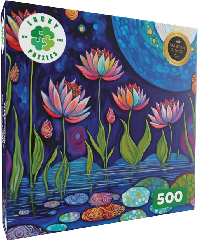 Lucky Puzzles 'Moonlit Water Lilies' | 500 Piece Jigsaw Puzzle for Adults | Stunning Artwork of Moonlit Waterlilies in a Serene Pond | Great for Relaxation and Display for Puzzle Enthusiasts
