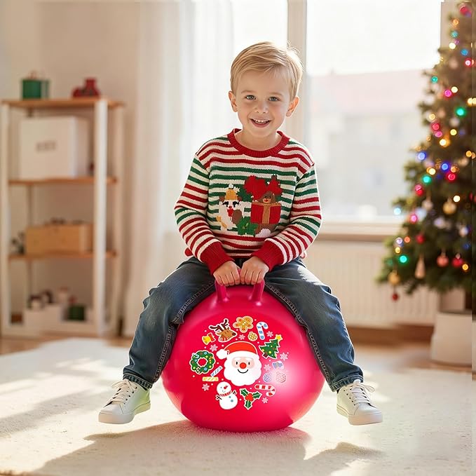 ZOOJOY Hopper Ball for Girls & Boys 3-8 with Free Hair Clips, Santa Claus Red 18in Bouncy Ball with Handle for Kids, Christmas Hopping Toys Indoor and Outdoor Play Includes Pump