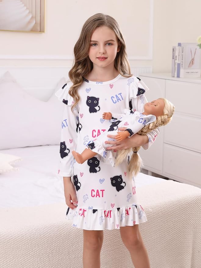 Bow Dream Girl Dress Cute Cartoon and Matching American Girl Doll Clothes Accessories for Girls Dresses White Cat