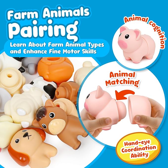 Montessori Farm Animals for Toddlers 18+Month,Early Educational Little People Animals Figurines Learning Fine Motor Matching Games Easter Basket Stuffers Gift for Boys Girls