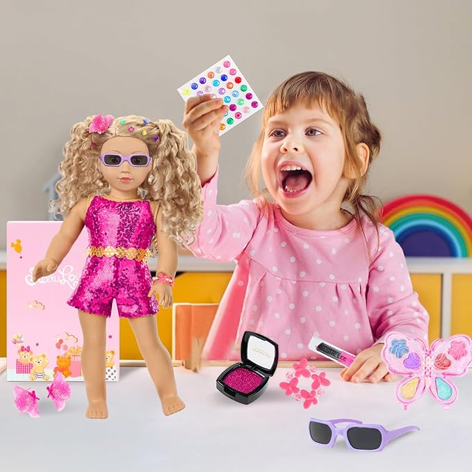 18 Inch Girl Doll Clothes and Makeup Accessories Playset, Included 2 Sets Doll Clothes, Gauze Skirt, Sunglasses, Belt, Stickers, Hair Clips, Bracelets, Eyeshadow, Lipstick, Blush (No Dolls and Shoes)