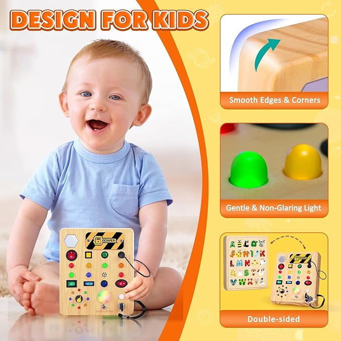 TINTECUSA Busy Board with LED Light, Wooden Sensory Toys for Toddler, Montessori Music Toy for Airplane, Travel Activity Educational Learning Autism Toys, Birthday Boys Girls Gifts