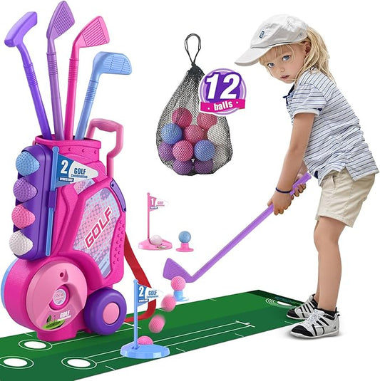 Toddler Golf Set 2-4 Years, Upgraded Kids Plastic Golf Clubs with 12 Balls, Putting Mat, Shoulder Strap, Indoor Outdoor Game Sport Toys Gift for Baby Boys Girls Aged 3-5, Pink