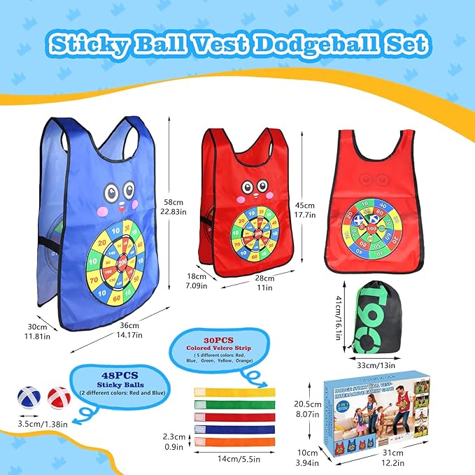 Sticky Ball Vest for Dodgeball Game, 6-Players Toy Set 6 Target Vests 48 Sticky Balls Fun Dodge Tag Game Promotes 3+ Kids Active Screen-Free, Indoor and Outside Running Games for Team Play