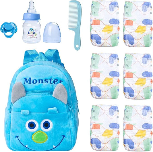 10 Pcs Reborn Baby Doll Diaper Bag Care and Feeding Set for 17-24 inches Reborn Dolls Newborn Baby Accessories with Monster Backpack Diapers Pacifier Bottle Comb