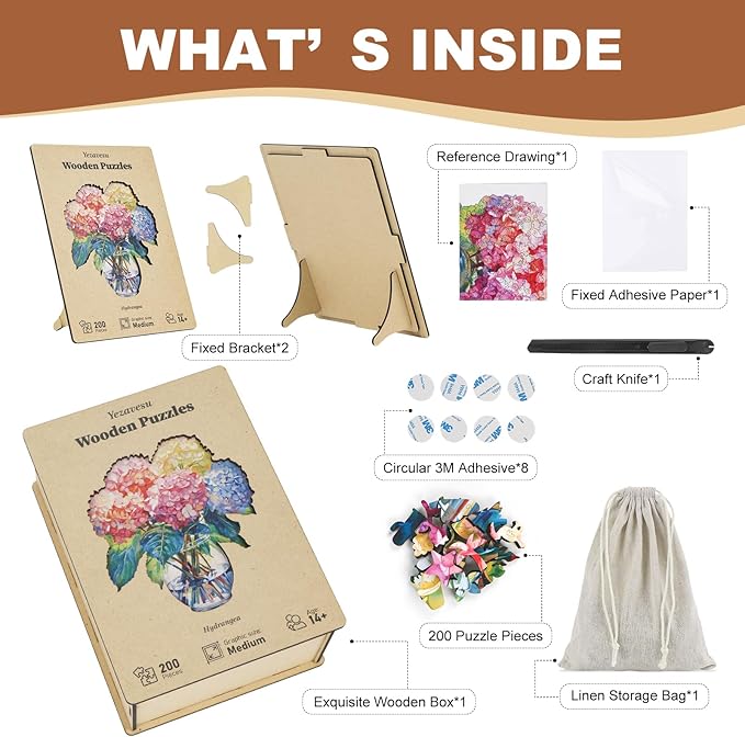 200 Pieces Flowers Wooden Puzzles for Adults, Hydrangea Unique Shaped Wooden Jigsaw Puzzles for Adults, Irregular Adult Wood Puzzle Creative Gift for Family Game 10.23x11.6 in