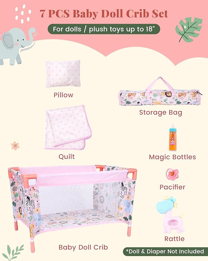BABESIDE Baby Doll Crib for 18'' Dolls,7 Piece Baby Doll Bed with Storage Bag and Bedding Accessories, Toy Crib Doll Furniture,Reborn Baby Doll Accessories for Kids Age 3+