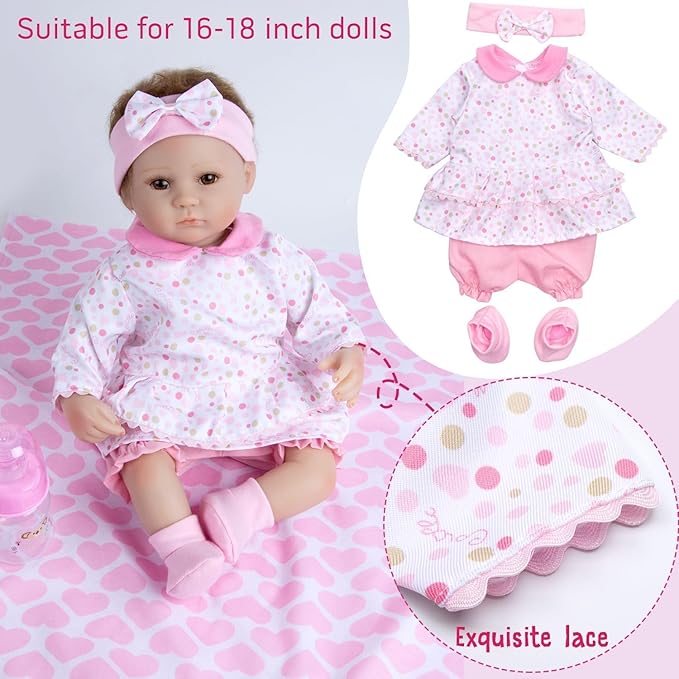 10 Pcs Reborn Baby Doll Clothes Pink Outfit Accessories for 16-18 Inch Reborn Dolls Newborn Baby Girl Clothes Set with Bassinet
